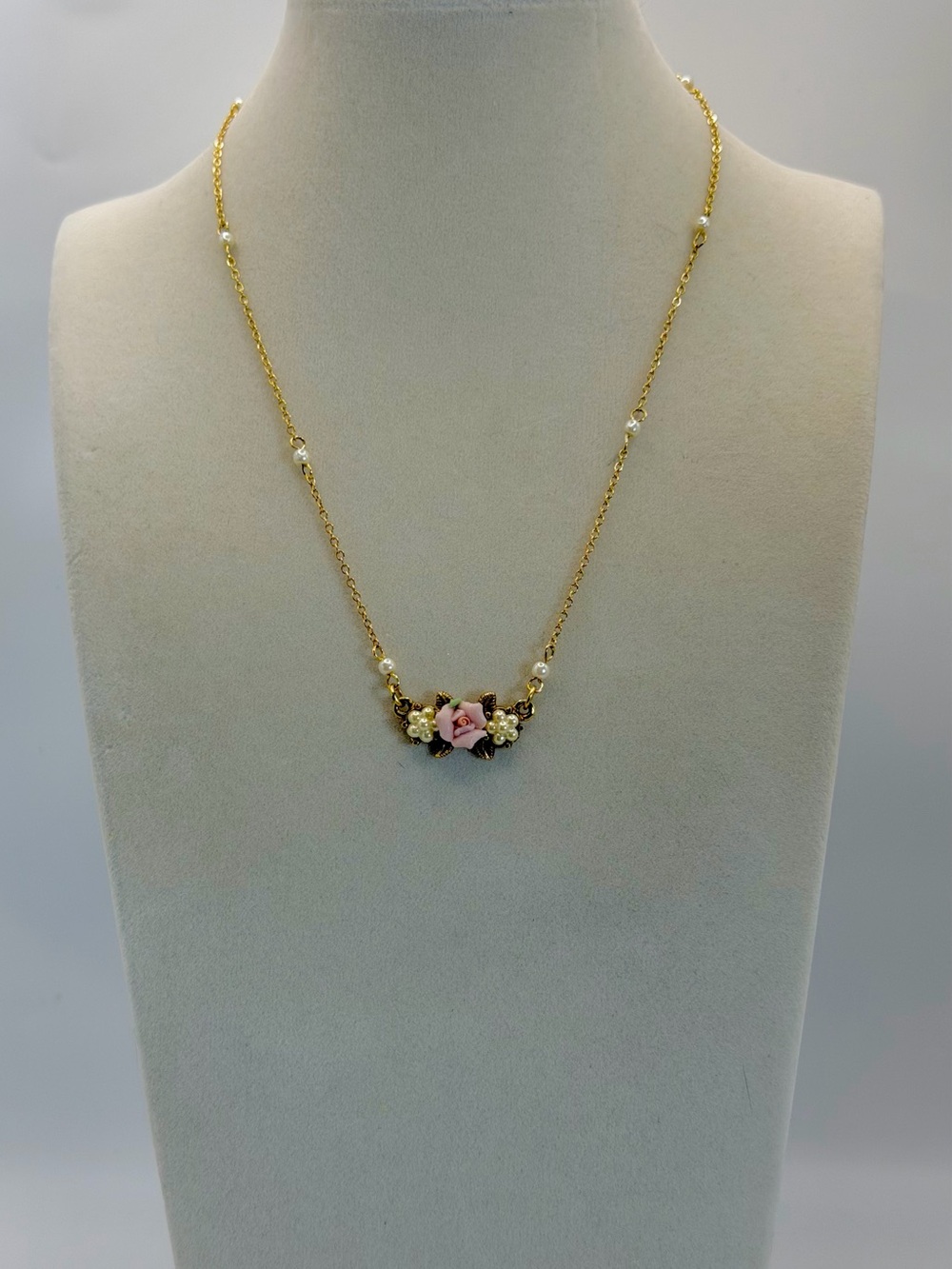 1928 Gold Tone Necklace with Pink Rose Pendant - Women Jewelry